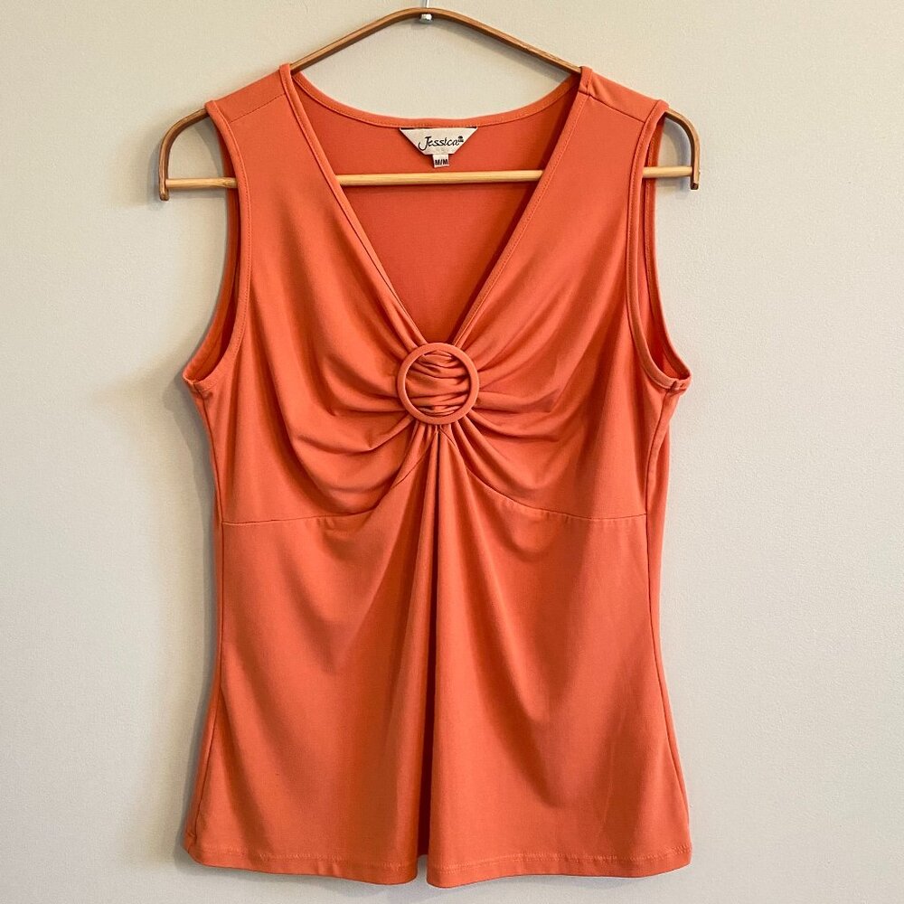 Vintage Y2K Orange V-Neck Tank Top with Ring Detail Stretch A-line Summer Resort